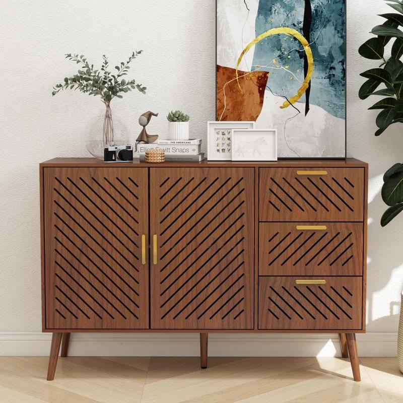 George Oliver Storage Cabinet With 3 Drawers & Double Doors, Kitchen Buffet Sideboard Cabinet,Wood Storage Organizer For Kitchen, Living Room, Dining Room, Brown & Reviews | Wayfair
