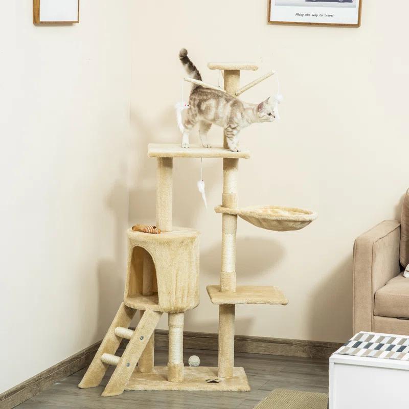 Tucker Murphy Pet™ 53" Plush Sturdy Interactive Cat Condo Tower Scratching Post Activity Tree House - Beige