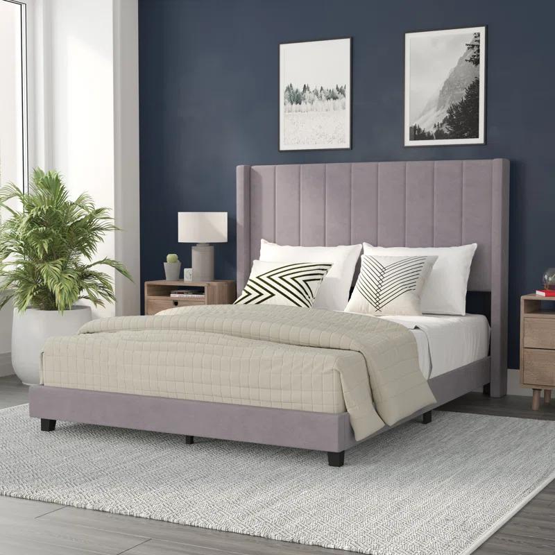 Ebern Designs Upholstered Platform Bed with Vertical Stitched Wingback Headboard, Slatted Mattress Foundation