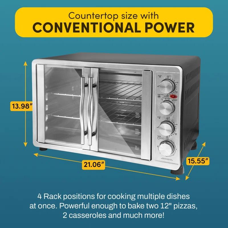 MODERN WALLS LLC French Door 47.5Qt, 18-Slice Convection Oven 4-Control Knobs, Bake Broil Toast Rotisserie Keep Warm, Includes Pizza Racks