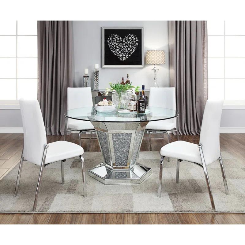 Everly Quinn Choi Round Glass Top Metal Base Dining Table