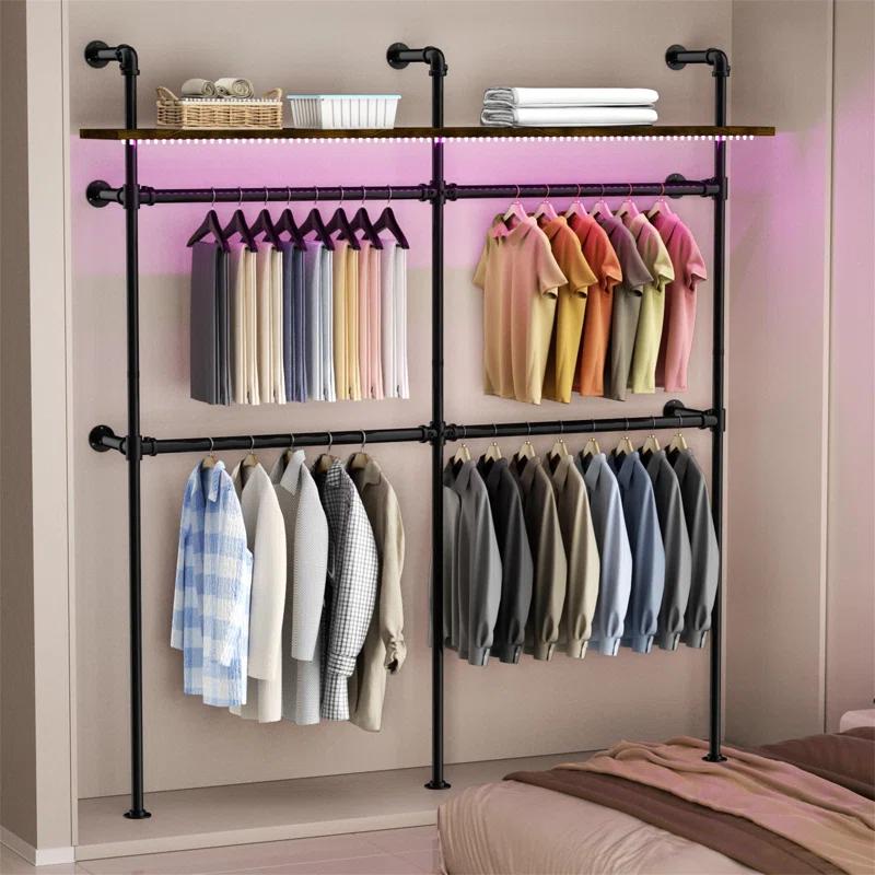 transparent.0 Industrial Pipe Hanger, Wall Mounted Industrial Hanger With LED Light And Shelf, Closet Hanger