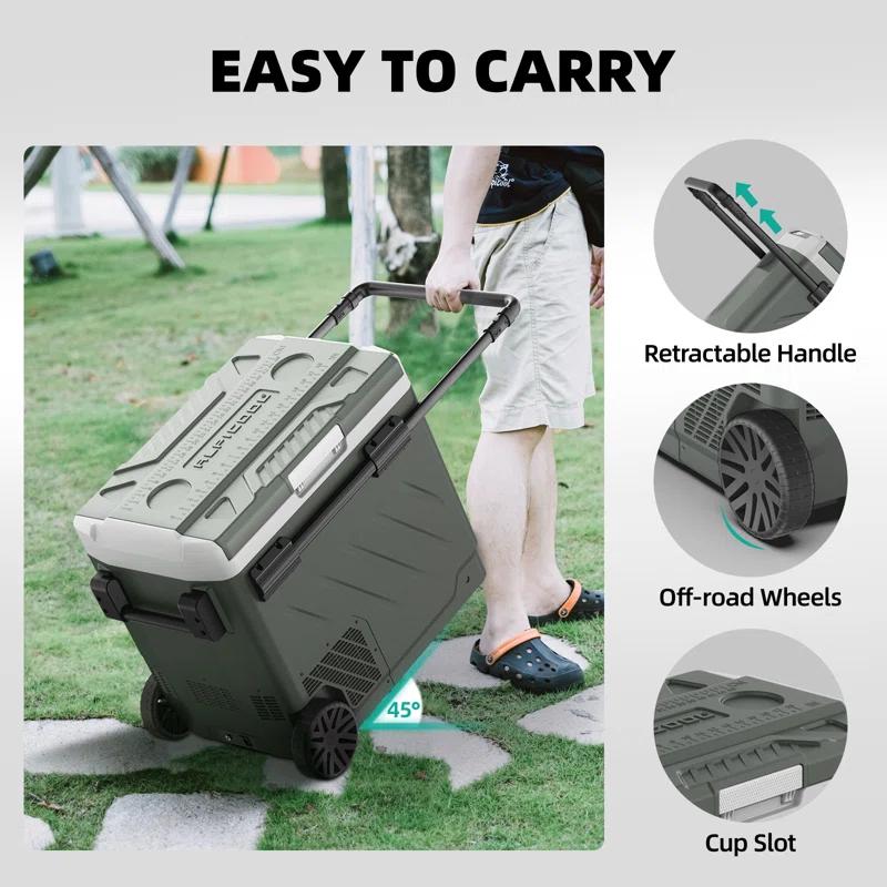 Alpicool 52Qt Dual Zone Portable Car Refrigerator, 12V/24V/220V Portable Car Fridge, With APP Smart Design to Remote Control Temperature, Large Capacity Cooler and Freezer, Wheels & Retractable Handle for Easy Move Anywhere