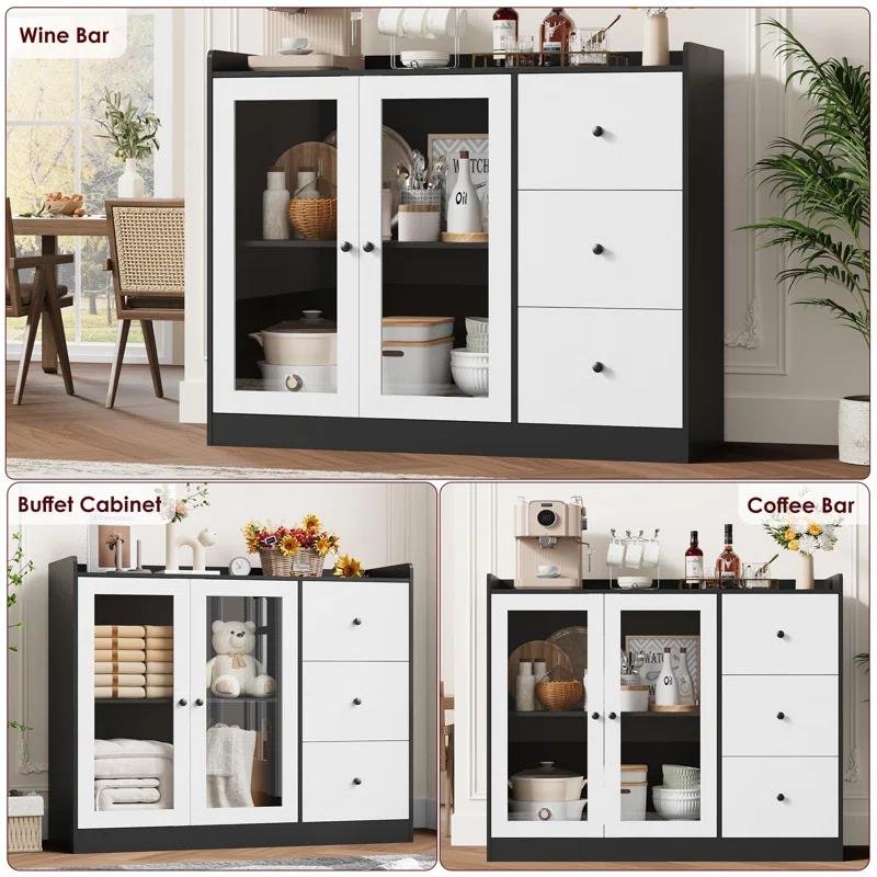 ZACOO Sideboard Buffet Cabinet With Storage, 43" Coffee Bar Cabinet With Glass Doors And 3 Drawers, Storage Cabinet With Adjustable Shelves