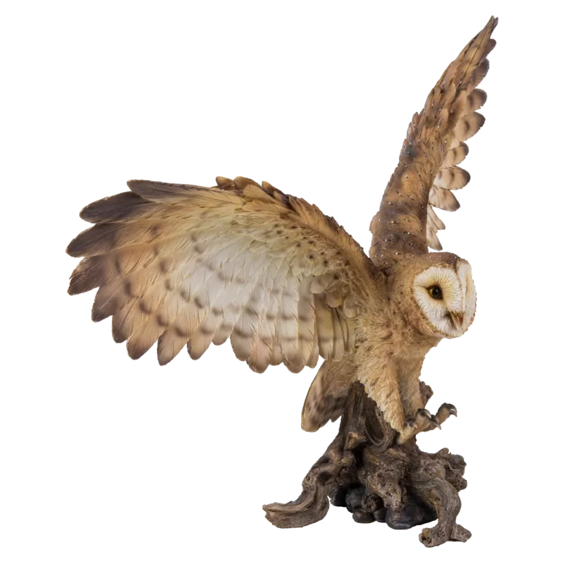 Barn Owl on Stump with Open Wings Polyresin Statue