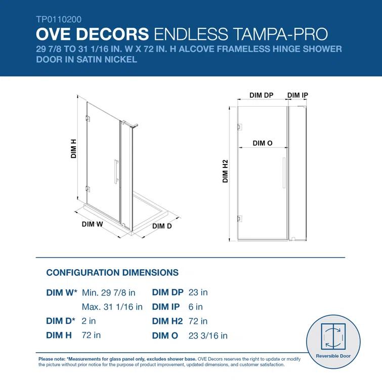 Ove Decors Endless Tampa-Pro 31" W x 72" H Alcove Frameless Shower Kit, Door, Panel TP0110200