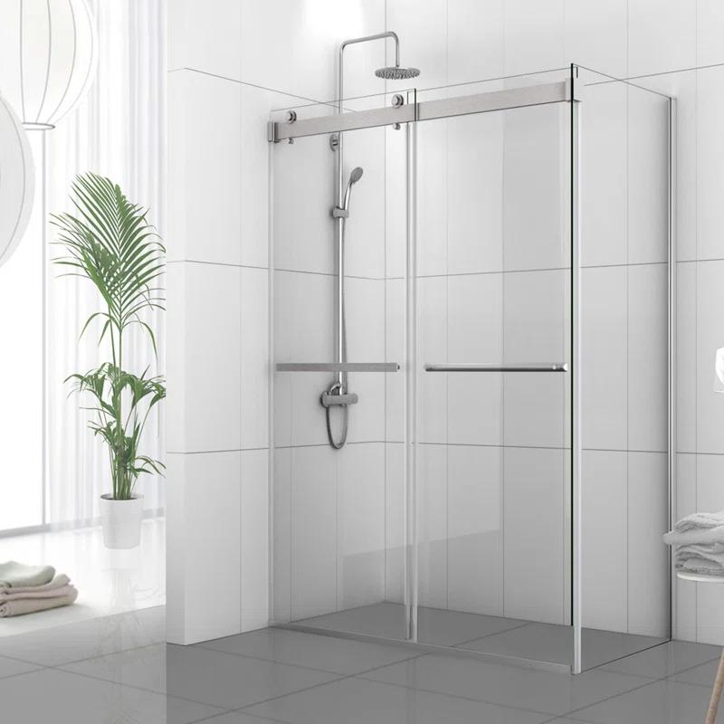 48" W x 35.8” D x 76" H Frameless Rectangle Sliding Shower Enclosure with Towel Bar