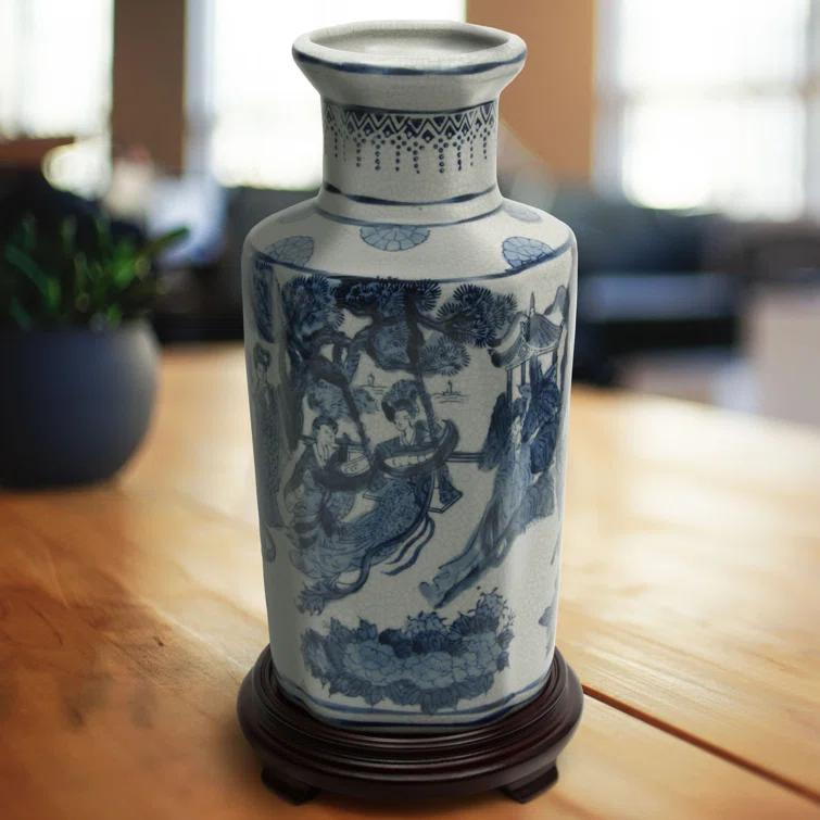 Oriental Furniture 12" Floral Blue & White Porcelain Vase, living room