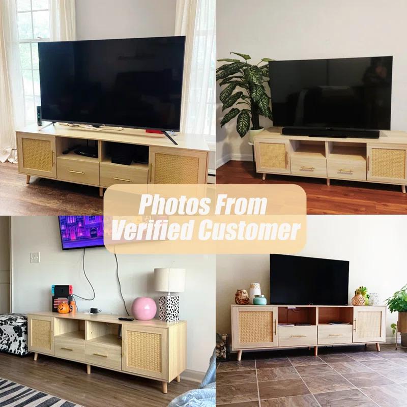 Bay Isle Home™ Heyer Large Wood Rattan TV Stand for TVs up to 75" with LED Light and Charging Station, Coastal Media Console Table, Multimedia Storage Furniture with 2 Drawers, Lighting TV Cabinet  & Reviews | Wayfair