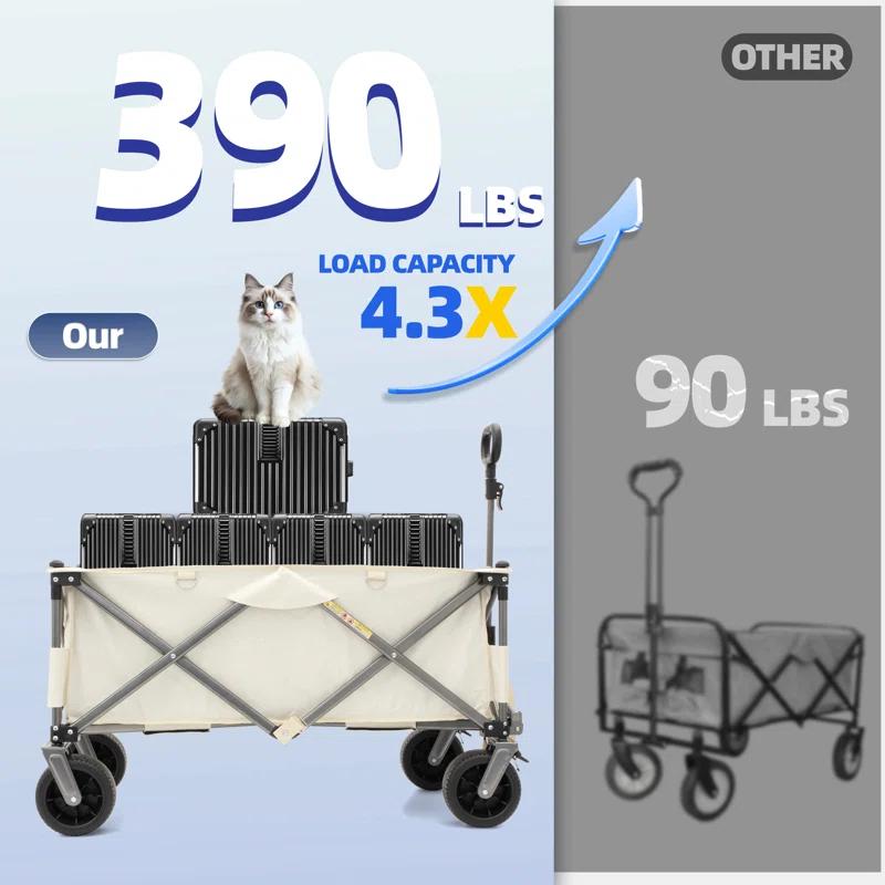 SHANRUGUOJI Folding Wagon, Heavy Duty Utility Beach Wagon Cart For Sand With Big Wheels, Adjustable Handle&Drink Holders For Shopping, Camping,Garden And Outdoor