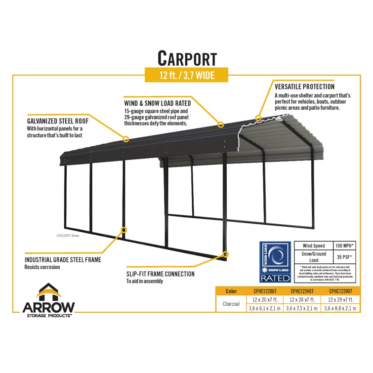 Arrow Steel Carport, Galvanized Black/Charcoal