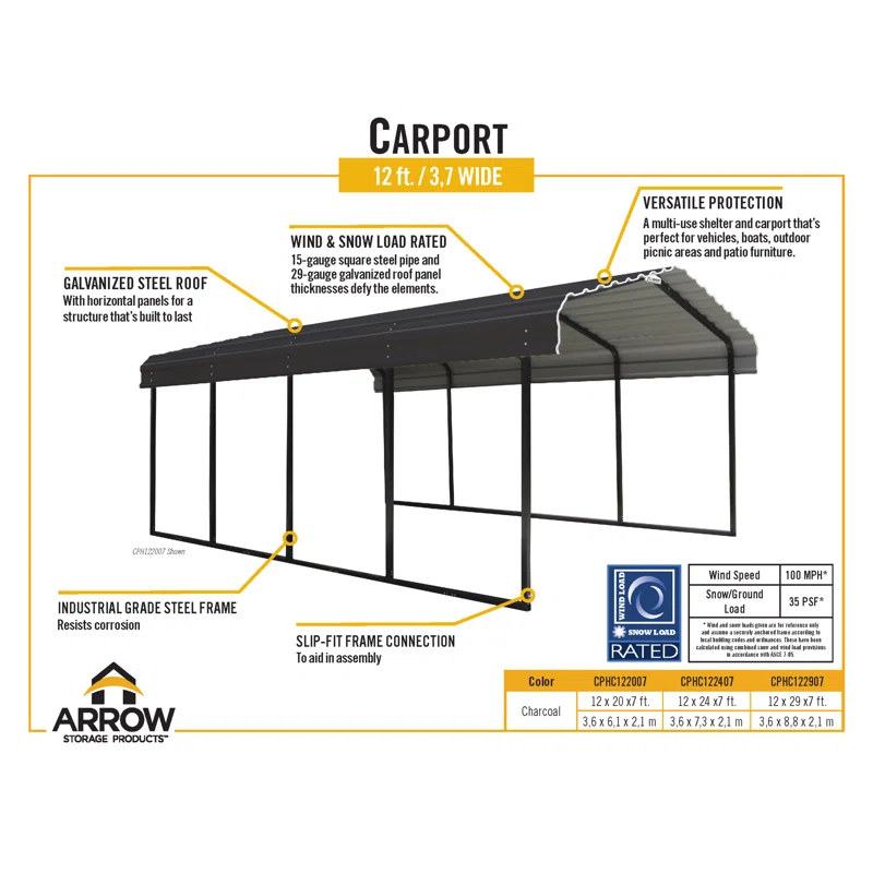 Arrow Steel Carport, Galvanized Black/Charcoal