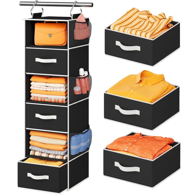 Rebrilliant Hanging Closet Organizer 6-Shelf with 3 Removable Drawers & Side Pockets