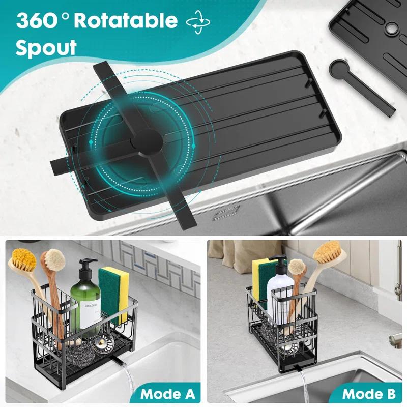 COOREL Sponge Holder For Kitchen Sink Organizer Caddy,2 Tier Dish Brush Scrubber Holder,Stainless Steel Sink Box Utensil Holder With Stand,Black