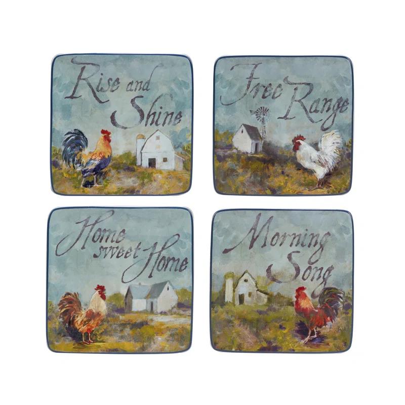 Certified International Rooster Meadow Set Of 4 Canape Plates