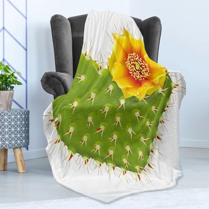 Ambesonne Ambesonne Cactus Fleece Throw Blanket Thorny Opuntia Heart Green Yellow Orange