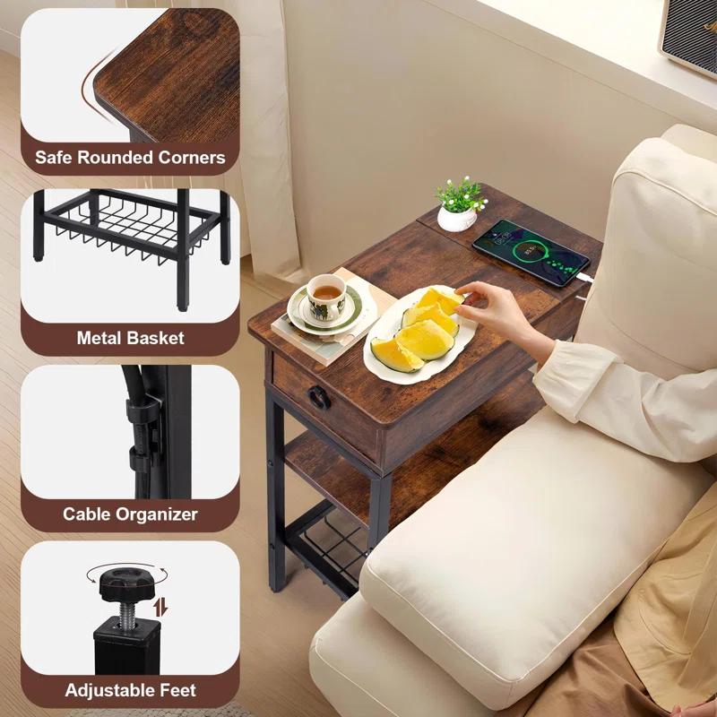 Hokku Designs Rustic Slim Side Table With USB Ports, Outlets & Charging Station For Living Room & Bedroom
