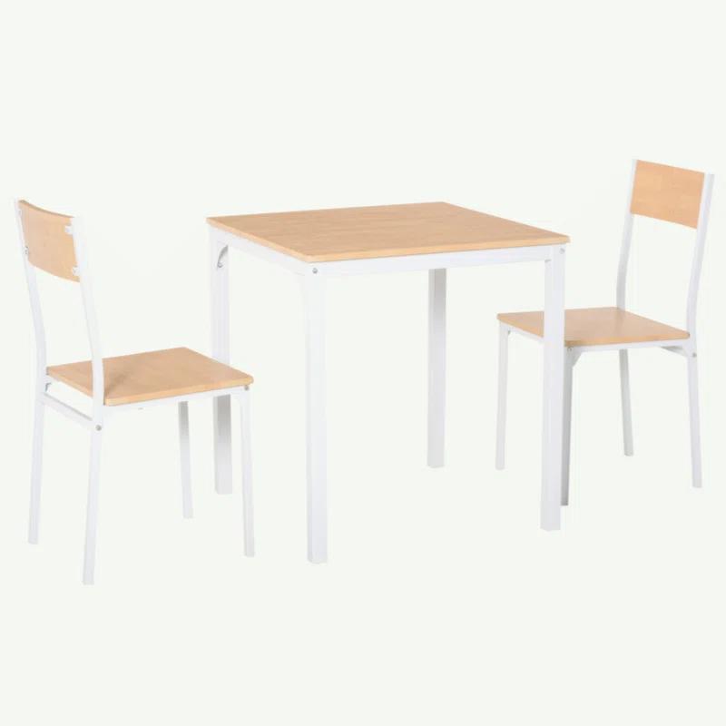 George Oliver HOMCOM 3-Piece Wooden Square Dining Table Set With 1 Table And 2 Chairs And Sturdy Metal Frame For Small Space, White