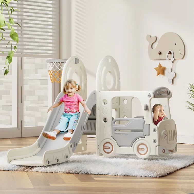 Suteck 4 in 1 Toddler Slide, Kids Slide with Climber and Bus Playhouse Outdoor Indoor Slide Playset