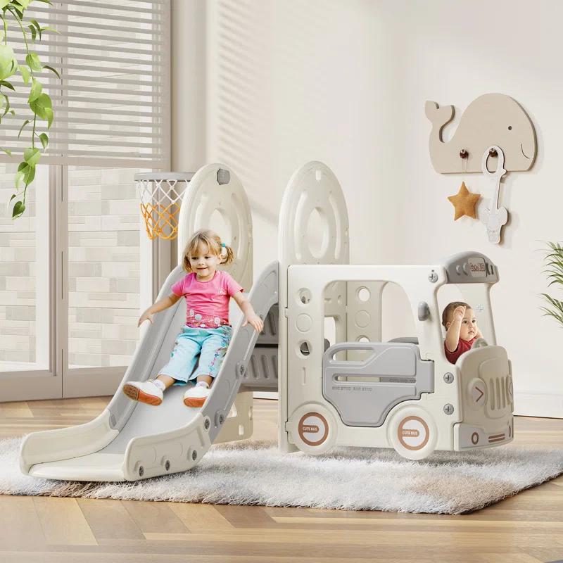Suteck 4 in 1 Toddler Slide, Kids Slide with Climber and Bus Playhouse Outdoor Indoor Slide Playset