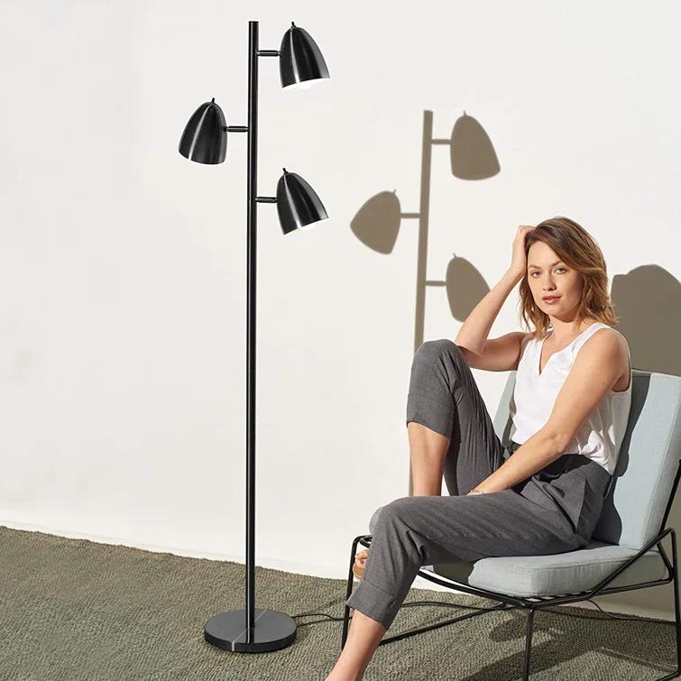 Brightech Jacob 64" Modern 3-Light Adjustable LED Floor Lamp with Black Finish and Metal Cone Shades, Bulbs Included