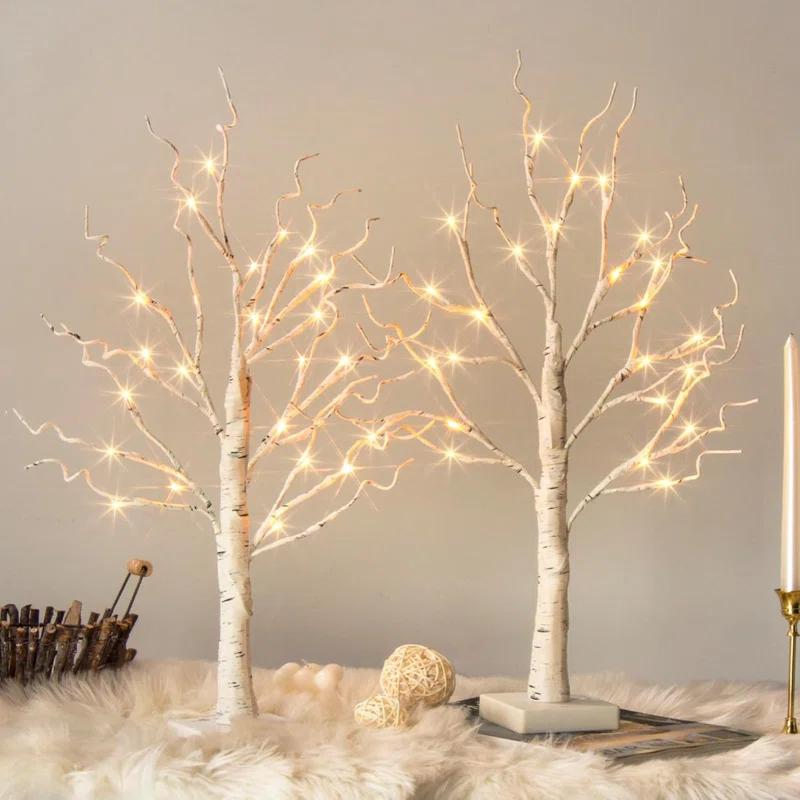 The Holiday Aisle® White Birch Tree With LED Lights - Set Of 2, LED Tabletop Tree With Timer, Christmas Decorations Lighted Tree For Indoor Mantel Home Decor (2 FT, 24 LED)
