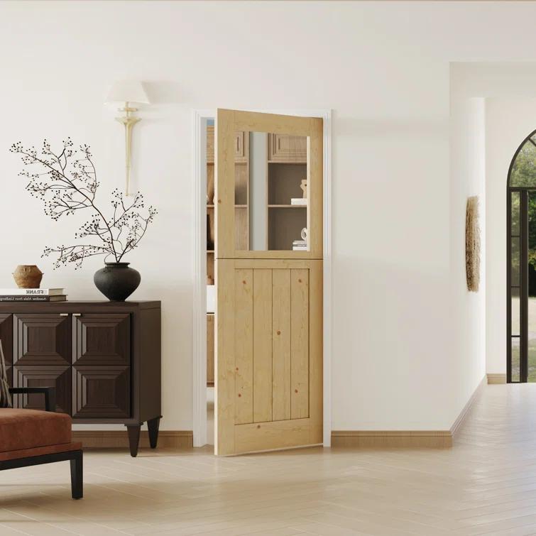 DOOOLI Dutch Door- Half Transpatent Glass+Natural Pine Wood Interior Door Prehung Slab Doors With Door Frame（No pre-drilled holes)