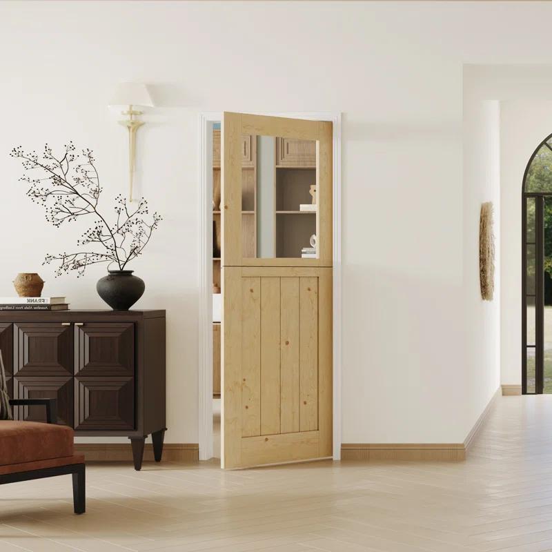 DOOOLI Dutch Door- Half Transpatent Glass+Natural Pine Wood Interior Door Prehung Slab Doors With Door Frame（No pre-drilled holes)