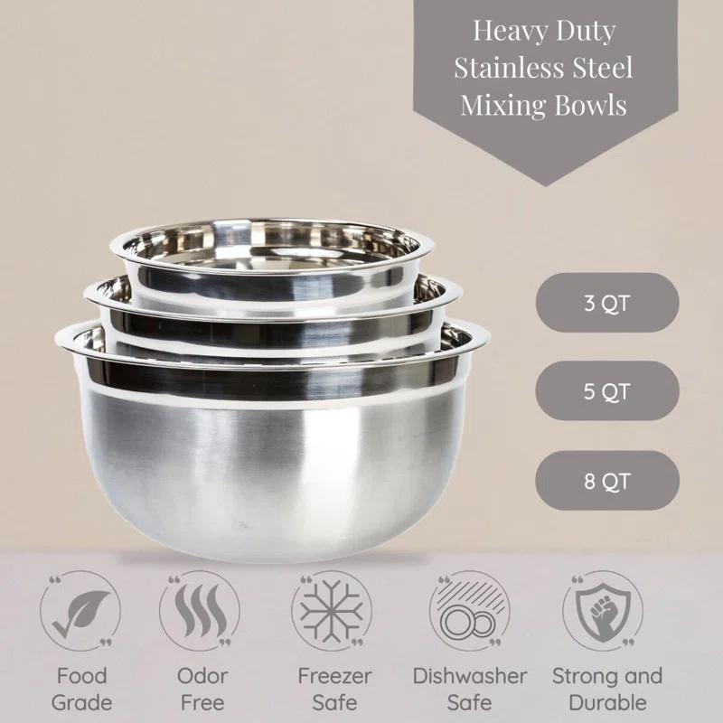 Lexi Home Food Prep Brushed Stainless Steel 3-Piece Mixing Bowl Set