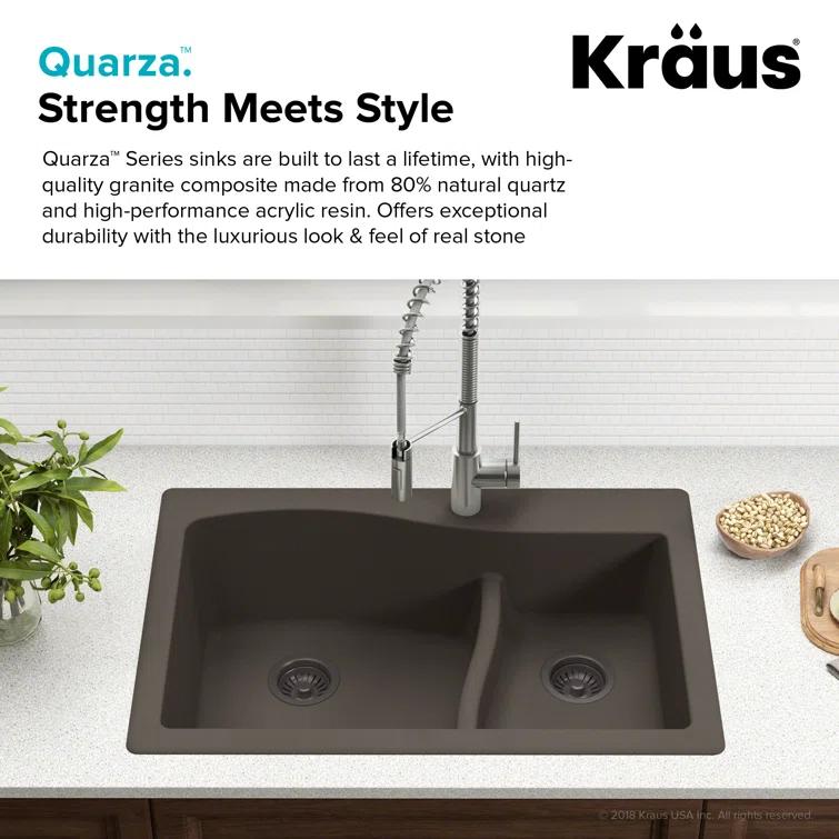 Kraus KRAUS Quarza™ 33" L Dual Mount 60/40 Double Bowl Granite Kitchen Sink and Strainers KGD-442GREY-PST1-GR
