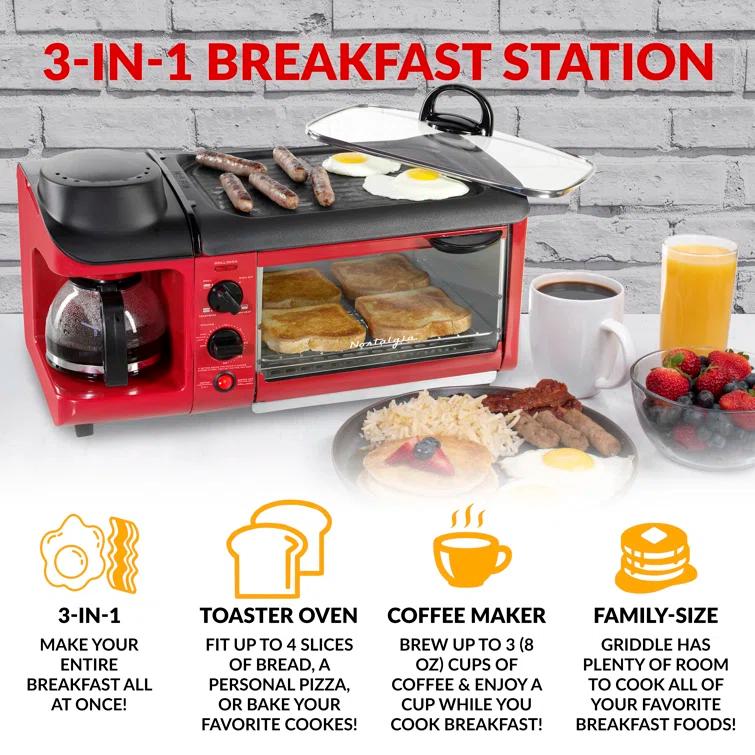 Nostalgia Nostalgia Retro 3-in-1 Family Size Electric Breakfast Station, Coffeemaker, Griddle, Toaster Oven, Aqua