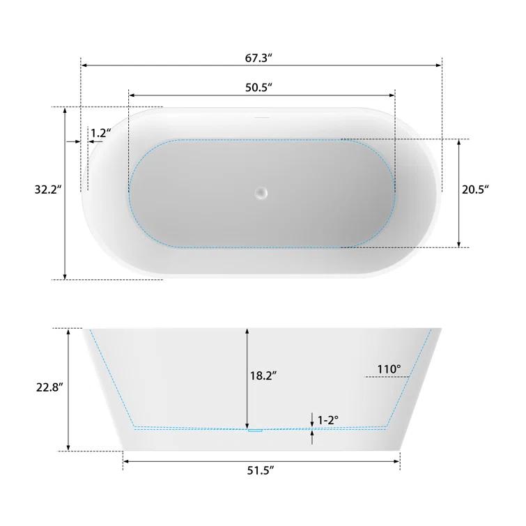 Vanity Art 67'' x 32'' Freestanding Soaking Acrylic Bathtub VA6815-NLW-ORB