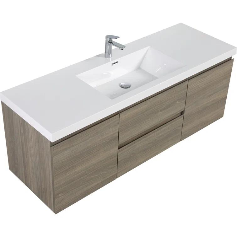 60" Floating Bathroom Vanity Modern Wall-Mounted Storage Vanity with Resin Top Basin, 2 Cabinets and 2 Soft Close Drawers