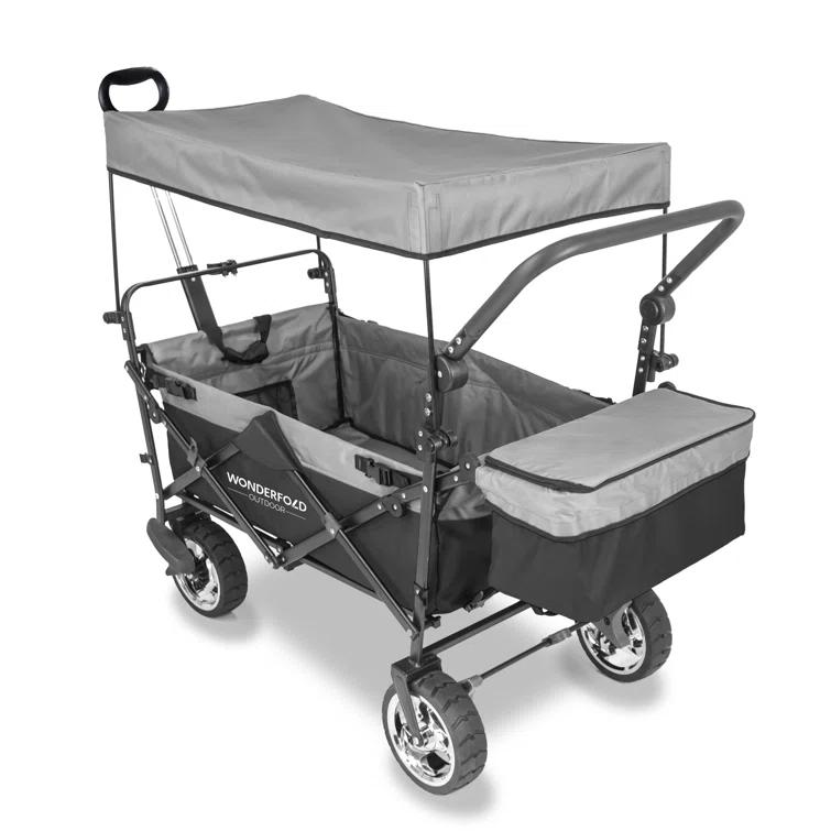 WonderFold Outdoor Wonderfold S4 Push & Pull Folding Wagon With Canopy & Brakes - Black