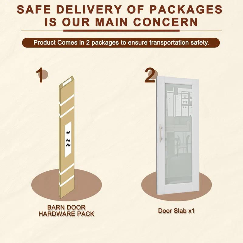 Home Worthy Frosted Glass Solid Manufactured Wood Painted Sliding Barn Door with Nickel-Hardware Kit(No Assembly Required)