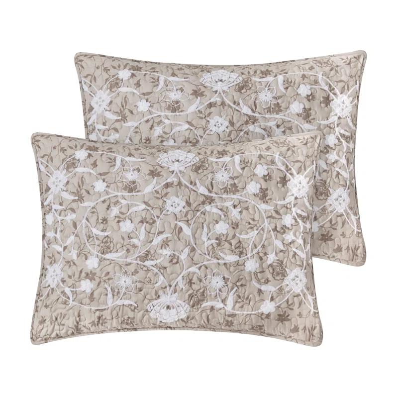 CEDAR COURT Kendall Vine Leaf Embroidery Taupe Neutral All-Season Reversible Soft Microfiber Quilt Set