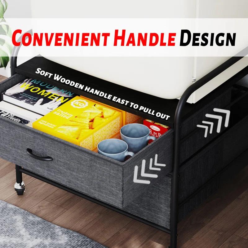 Hokku Designs 2 Drawer Dresser, 120LBS Fabric Storage Tower, 2 Drawer Storage Cart, Mini Fridge Stand With Storage, Metal Frame Iron Top