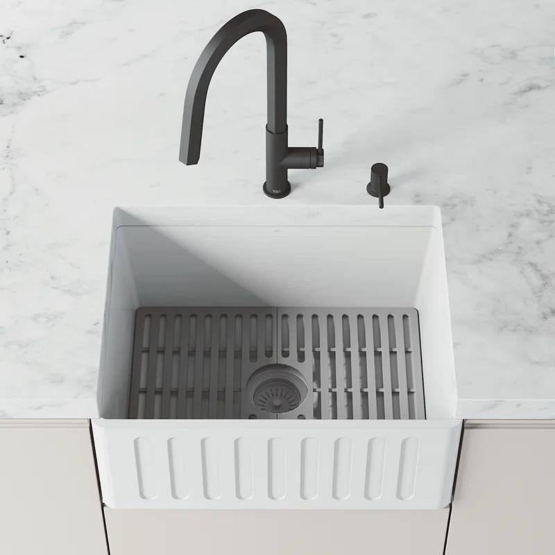 Matte Stone 24" L x 18" W Single Bowl Farmhouse Kitchen Sink with Basket Strainer and Silicone Grid