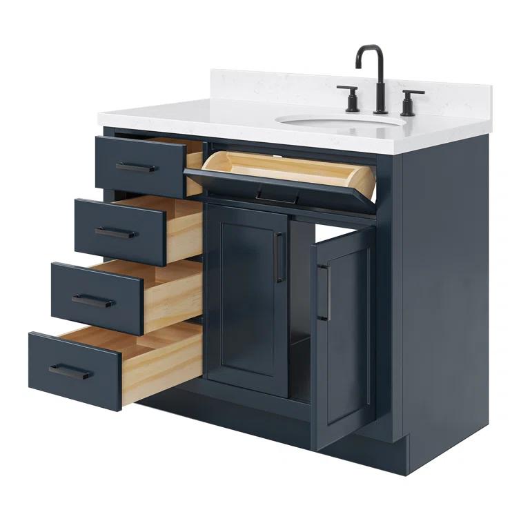 Hokku Designs Thornaby 42'' Solid Wood Single Bathroom Vanity with 1.5'' Carrara Quartz Top, Right Offset Oval Sink