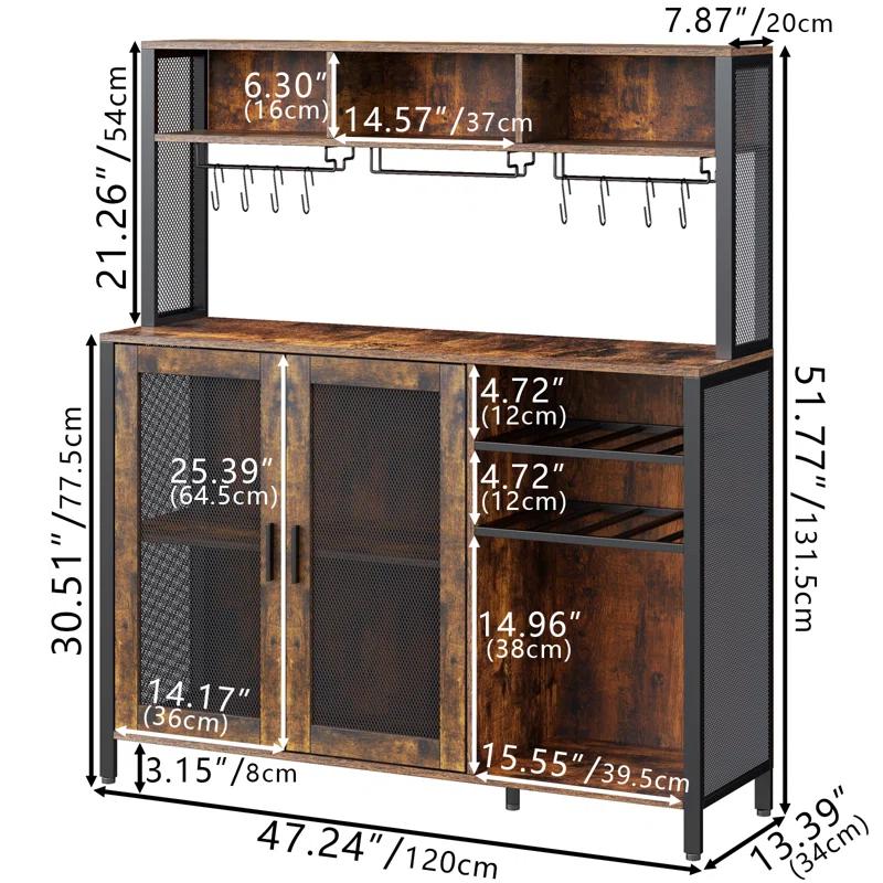 17 Stories Hoffarth 47.24'' Wine Bar Cabinet with LED Lights, Liquor Cabinet Coffee Bar Cabinet with 3 Storage Compartments & Wine Rack & Glass Holder