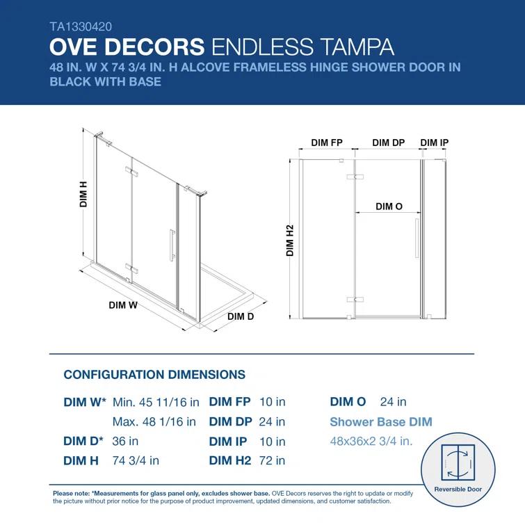 Ove Decors Endless Tampa 47" W x 72" H Alcove Frameless Shower Kit, Door, 2 Panel, Base TA1330220