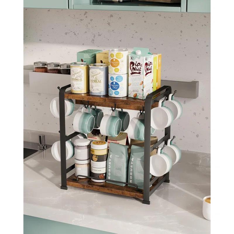 17 Stories Coffee Bar Organizer With 14 Mug Hooks, Wood Coffee Mug Holder Stand For Countertop, 2 Tier Coffee Station Organizer For Coffee Cups, Mugs, Syrups, Accessories
