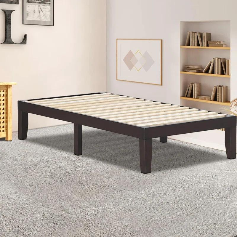 Blooming Espresso Twin Size Solid Wood Platform Bed Frame, 14-Inch Height With Slat Support