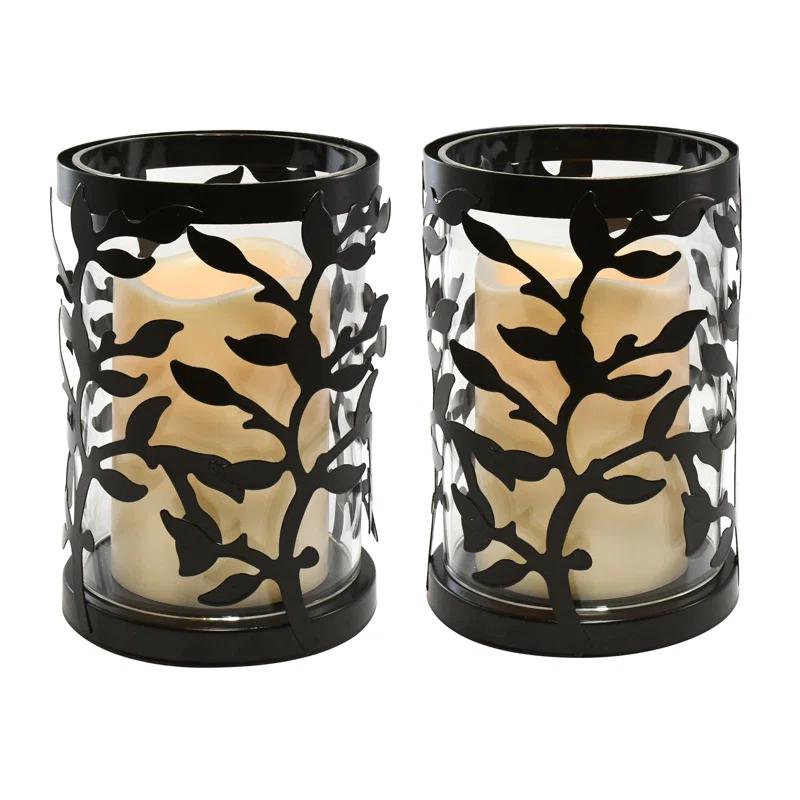 The Holiday Aisle® Black Vine Hurricanes with LED Candles (Set of 2)