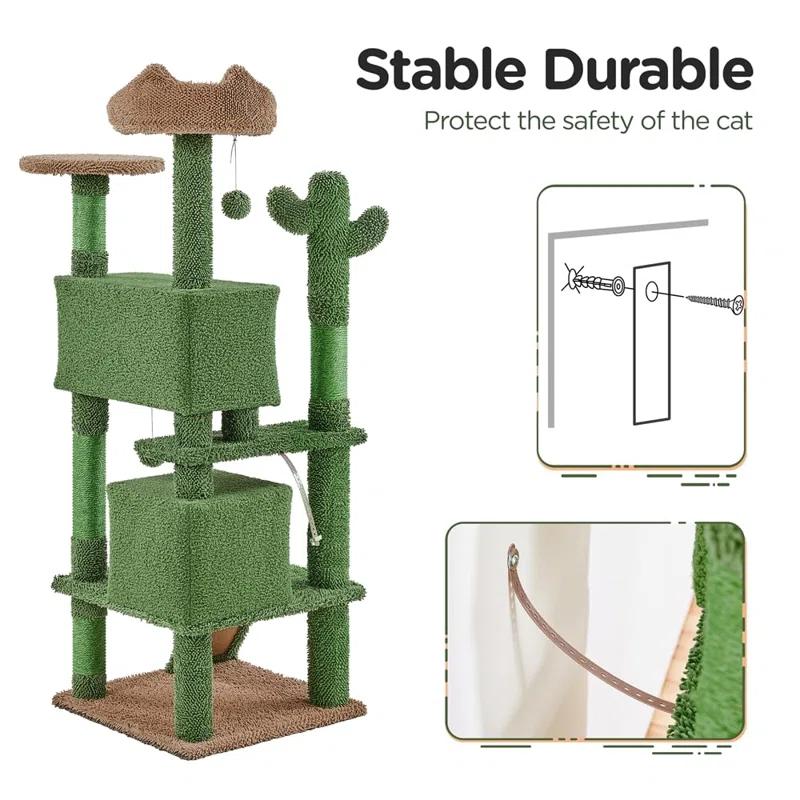 Gaetanina Cactus Cat Tree, 54.5In Cat Tower For Indoor Cats, Multi-Level Cat Condo With Scratching Posts, Ramp, Perch, Platform & Hanging Ball, Cat Furniture Activity Center For Kitten House Play