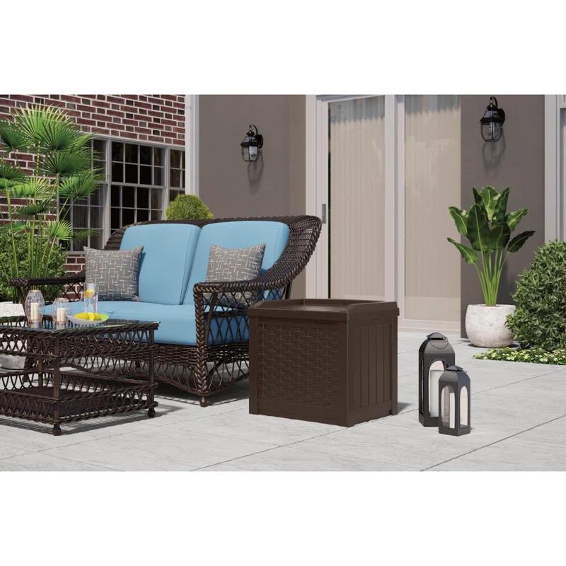 Suncast Suncast Wicker 22 Gallon Water Resistant Resin Deck Box with Storage Seat in Java