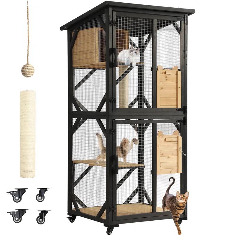 Tucker Murphy Pet™ Hallvard Outdoor Cat Enclosure with Scratcher - 4-Tier Large Indoor Wooden Window Catio Cat House W/Asphalt Waterproof Roof