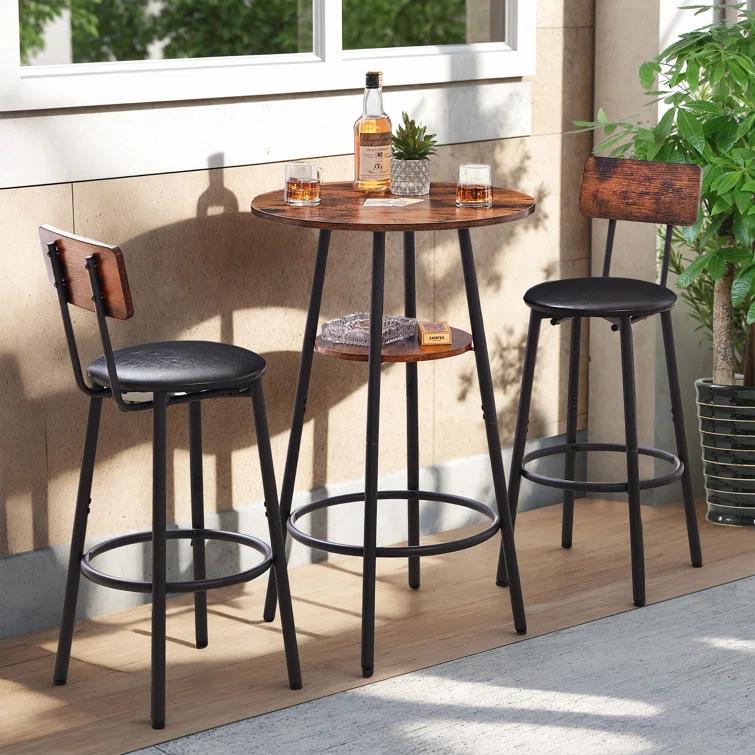 17 Stories Rustic Charm Bar Set,Weather-Resistant 3-Piece Bistro Table & Stools with Plush Backrests – Perfect for Cozy Outdoor Dining