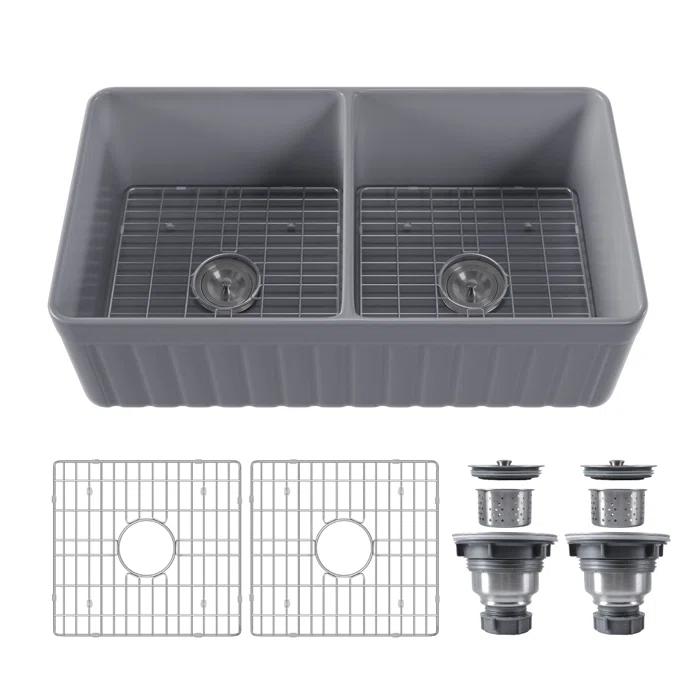 DeerValley Nova 33" L x 18" W Double Bowl Fireclay Farmhouse Kitchen Sink with Sink Grid and Basket Strainer DV-1K0041