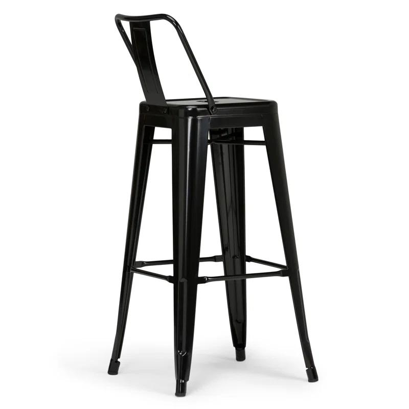 Simpli Home Rayne Metal Industrial Stool with Curved Back, Cross-Brace, and Footrest
